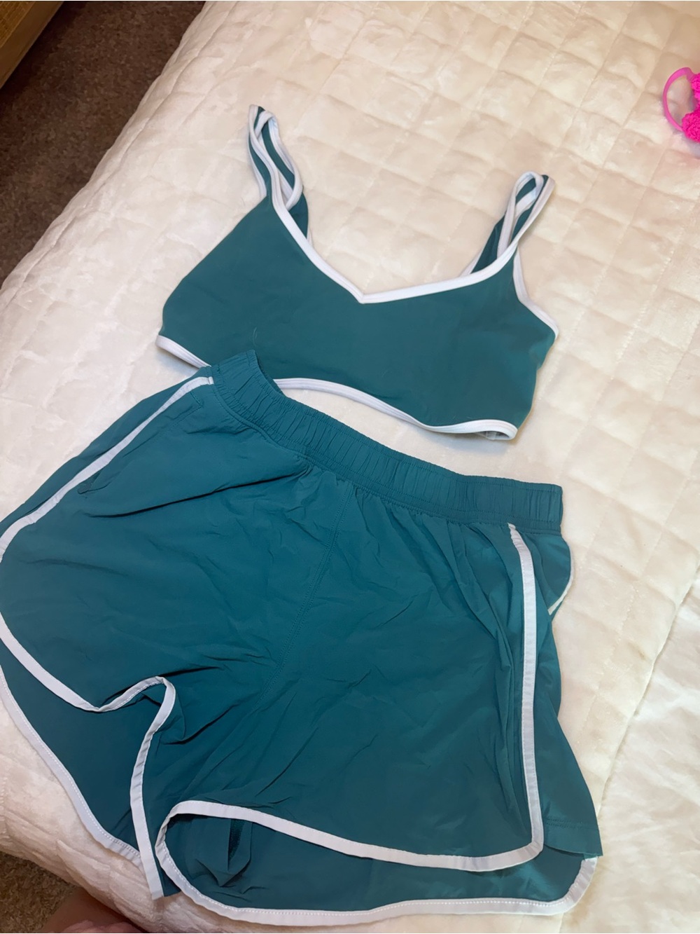 Abercrombie & Fitch Teal Bralette and Shorts Set with White Trim